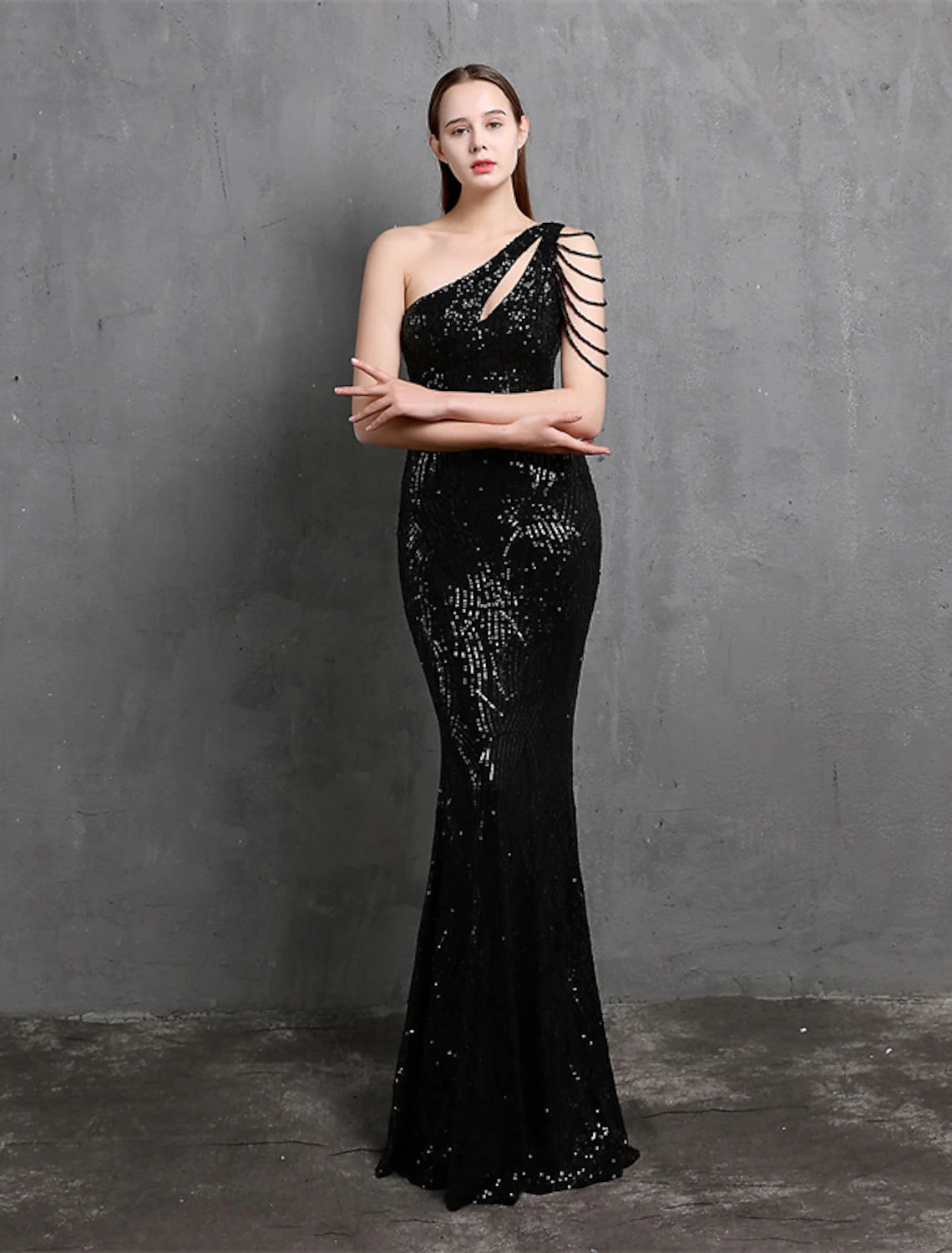 Mermaid / Trumpet Evening Gown Sparkle & Shine Dress Formal Floor Length Short Sleeve One Shoulder Sequined