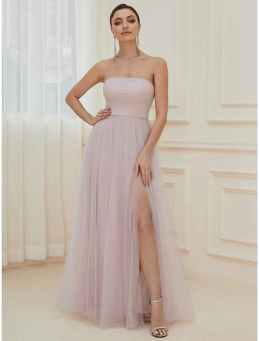 A-Line Evening Gown Elegant Dress Wedding Guest Floor Length Sleeveless Off Shoulder Tulle with Pure Color