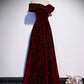 A-Line Off Shoulder V Neck Velvet Long Prom Dress Sparkly 