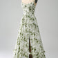 Green A-Line Spaghetti Straps Printed Floor Length Dress With Slit Beautiful