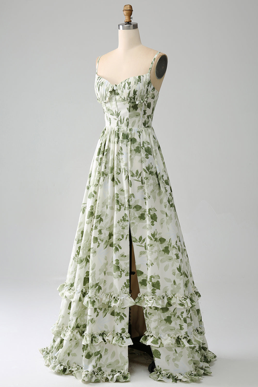 Green A-Line Spaghetti Straps Printed Floor Length Dress With Slit Beautiful