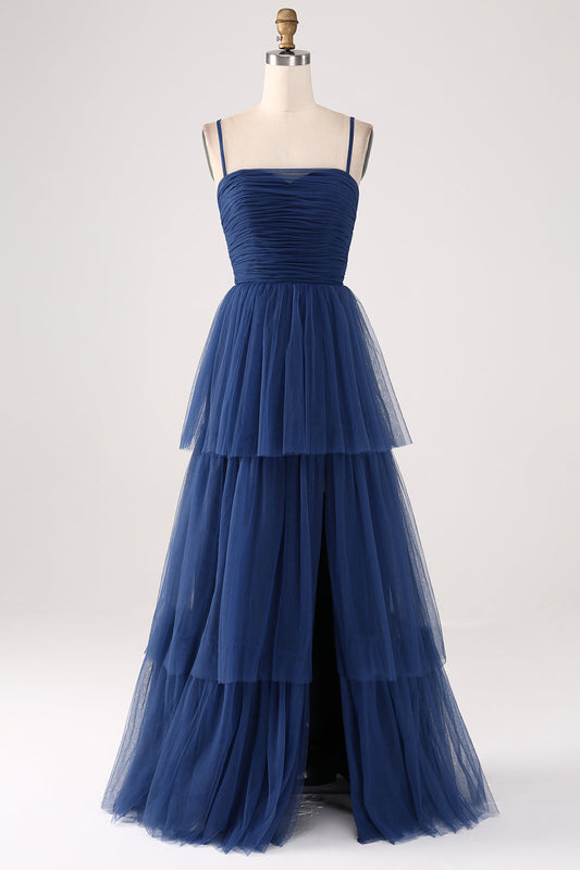 Navy A Line Spaghetti Straps Tulle Pleated Floor Length Bridesmaid Dress With Slit Beautiful