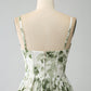 Green A-Line Spaghetti Straps Printed Floor Length Dress With Slit Beautiful