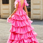 Fuchsia A-Line Deep V Neck Tiered Long Prom Dress With Slit Floor Length Sexy