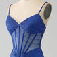 Royal Blue Mermaid Corset Sparkly Beaded Prom Dress with Slit Sexy Evening Dresses