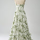 Green A-Line Spaghetti Straps Printed Floor Length Dress With Slit Beautiful