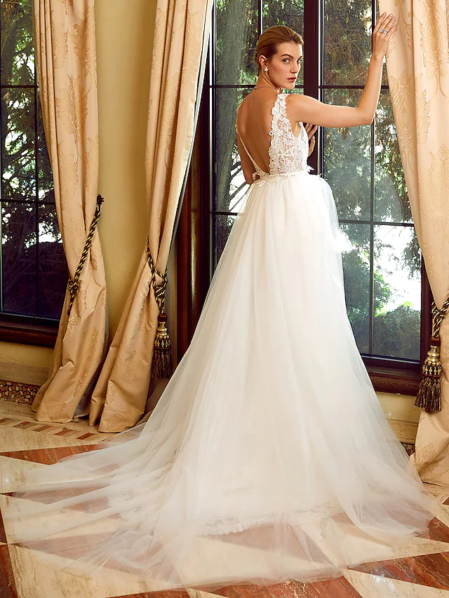 Wedding Dresses V Neck Chapel Train Lace Tulle Regular Straps See-Through