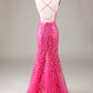 Sparkly Fuchsia Long Appliqued Beaded Prom Dress Sexy