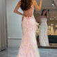 Pink Mermaid Spaghetti Straps Sparkly Long Prom Dress with Slit Evening Dresses