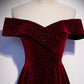 A-Line Off Shoulder V Neck Velvet Long Prom Dress Sparkly 