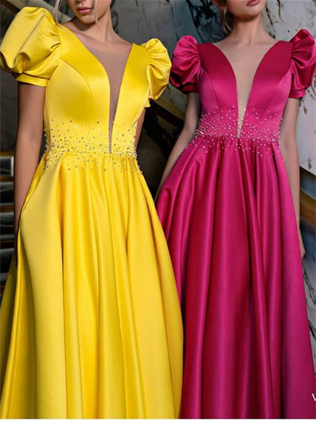 A-Line/Princess V-Neck Floor-Length Prom Dresses Sexy