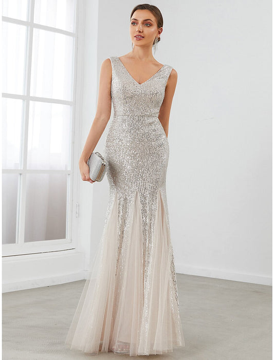 Mermaid / Trumpet Evening Gown Elegant Dress Formal Evening Floor Length Sleeveless V Neck Sequined V Back with Sequin