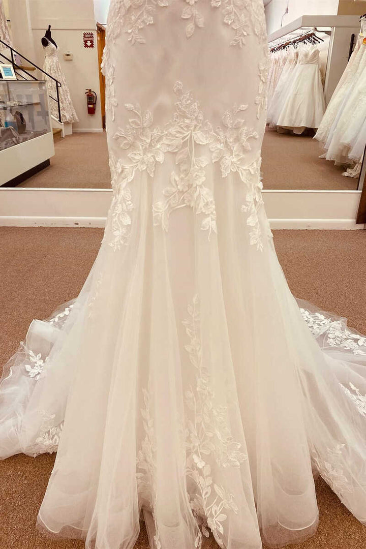 White Lace Straps Backless Trumpet Long Wedding Dress Sexy