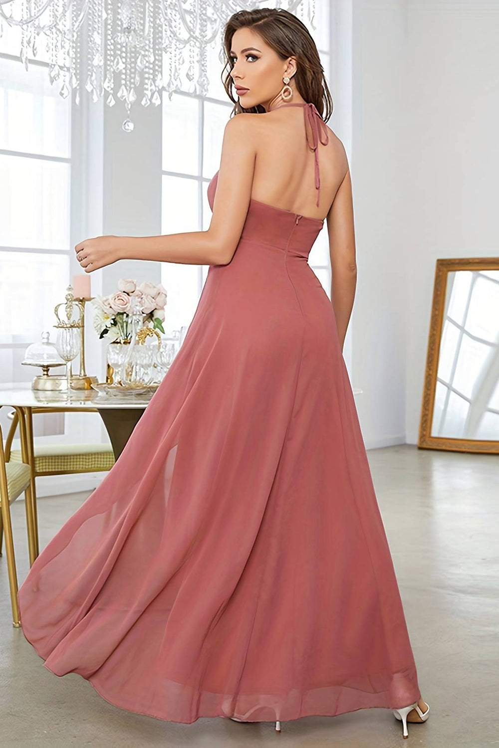 Coral Chiffon High Low Prom Dress V-neck Sexy Party Dresses