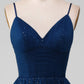 Navy Ball-Gown Spaghetti Straps V-Neck Long Beaded Tulle Prom Dresses Sparkly Evening Dresses