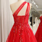 Sparkly Red A-Line One Shoulder Long Prom Dress With Sequins Floor Length