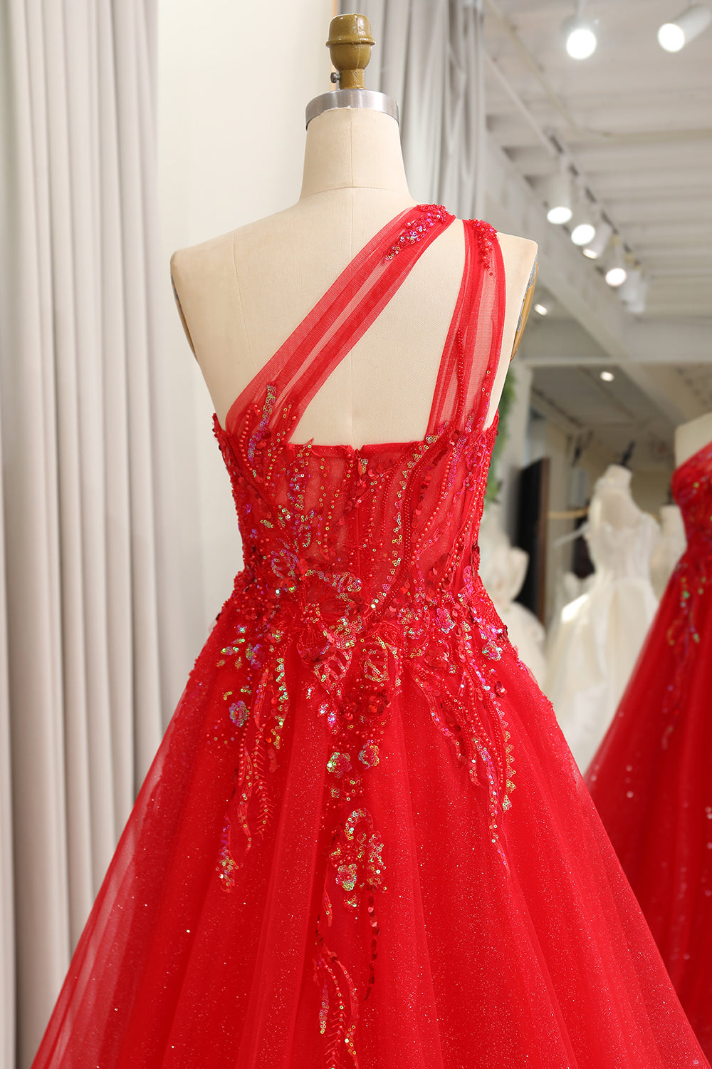 Sparkly Red A-Line One Shoulder Long Prom Dress With Sequins Floor Length