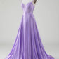Sparkly Simple Lilac A-Line Side Slit Corset Prom Dresses with Rhinestones Sexy Evening Dresses