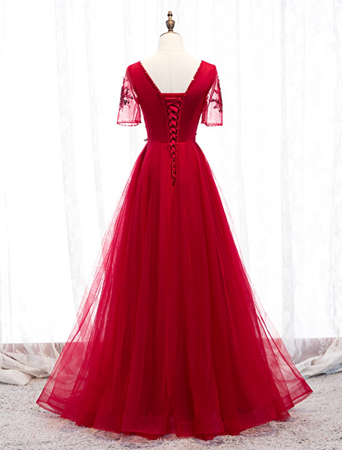 A-Line Prom Dresses Luxurious Dress Wedding Guest Formal Evening Floor Length Short Sleeve Spaghetti Strap Tulle