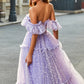 Lilac Princess A-Line Off The Shoulder Pleated Tiered Long Prom Dress Sexy