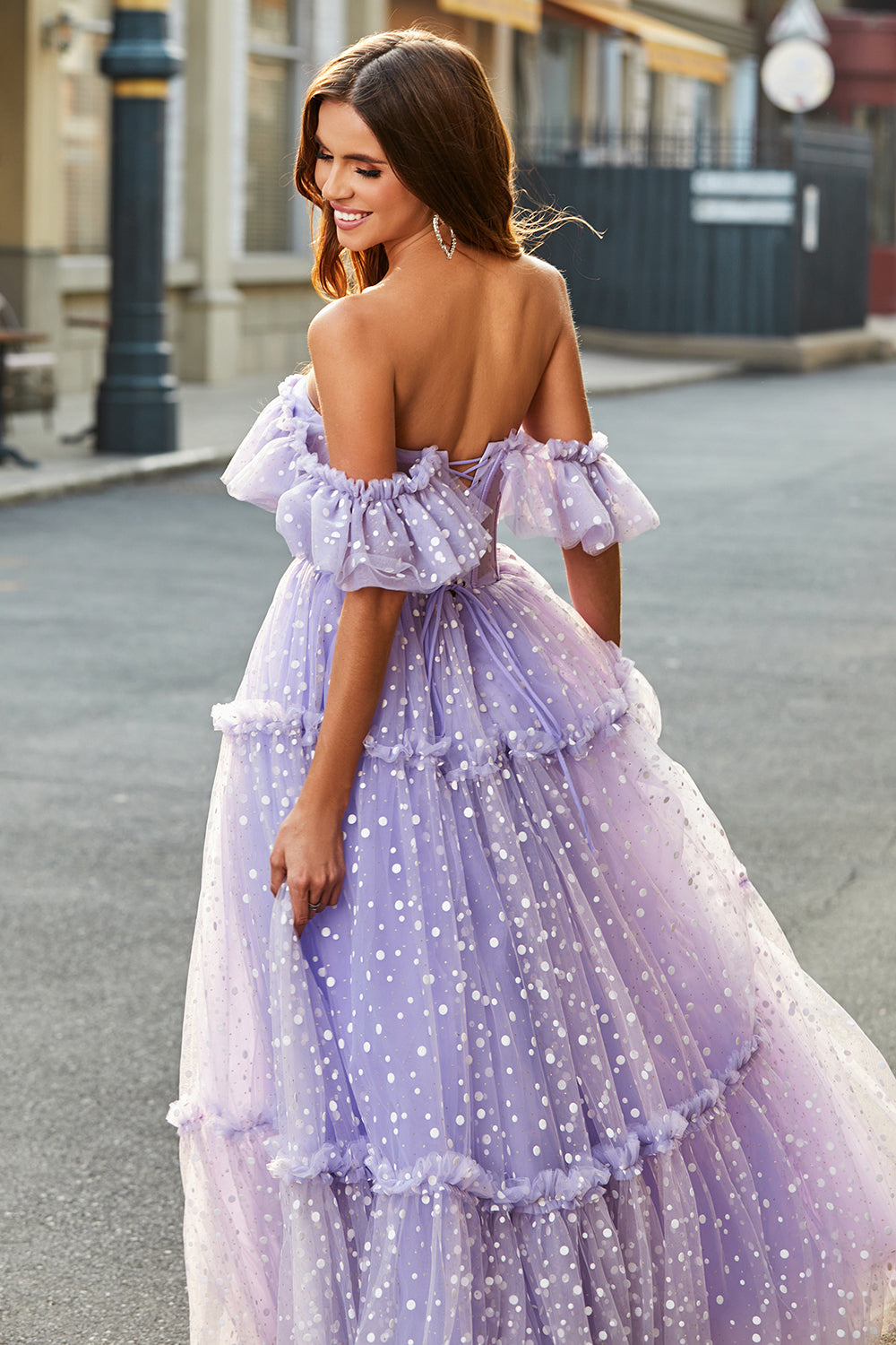 Lilac Princess A-Line Off The Shoulder Pleated Tiered Long Prom Dress Sexy