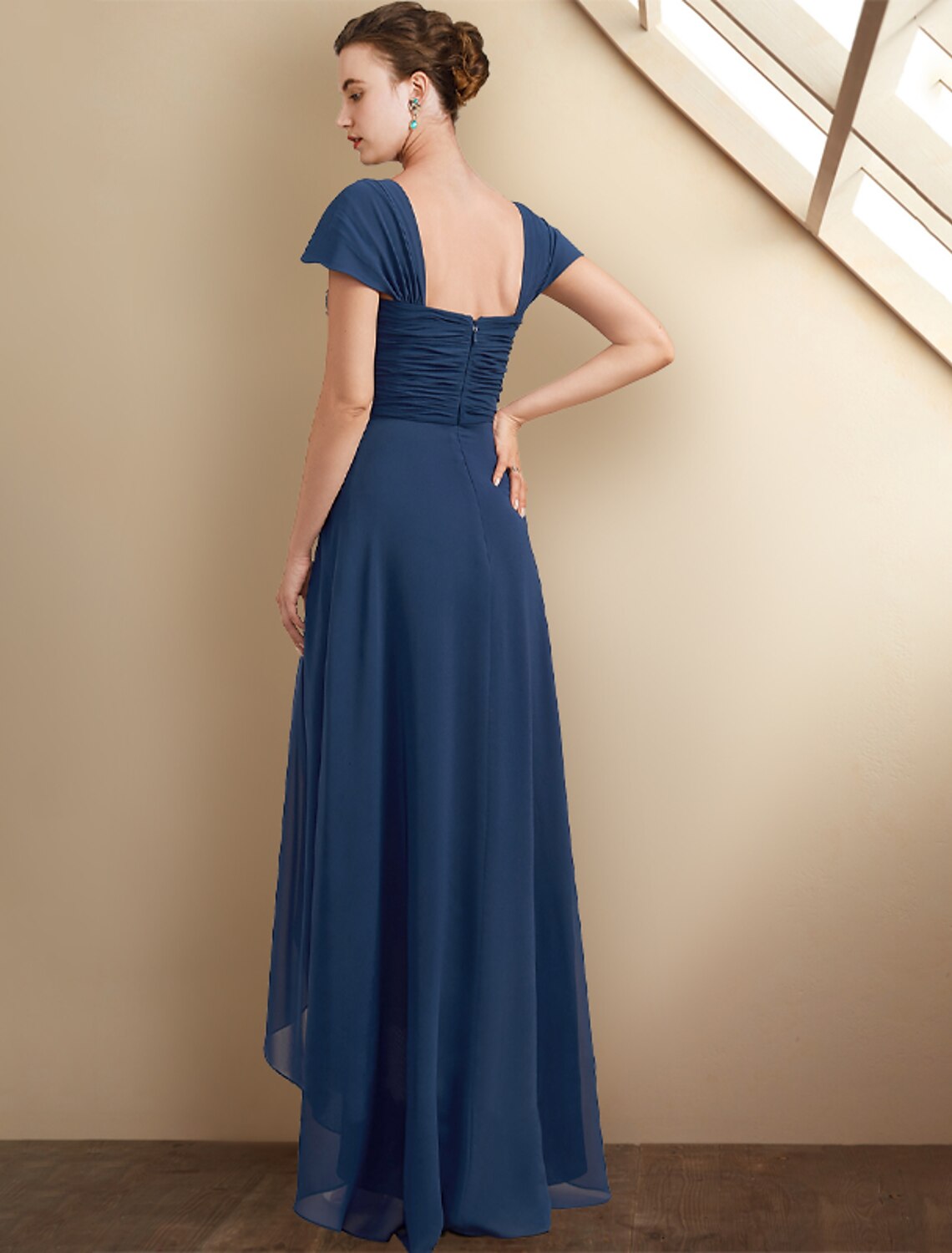 A-Line Mother of the Bride Dress Wedding Guest Elegant High Low Square Neck Asymmetrical Tea Length Chiffon Lace Cap Sleeve Fall Wrap Included