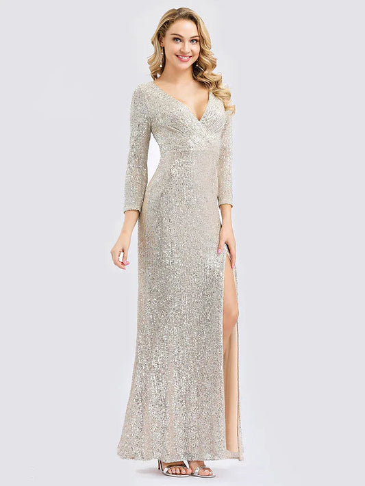 Sheath / Column Sexy Furcal Formal Evening Dress Plunging Neck Long Sleeve Floor Length Sequined
