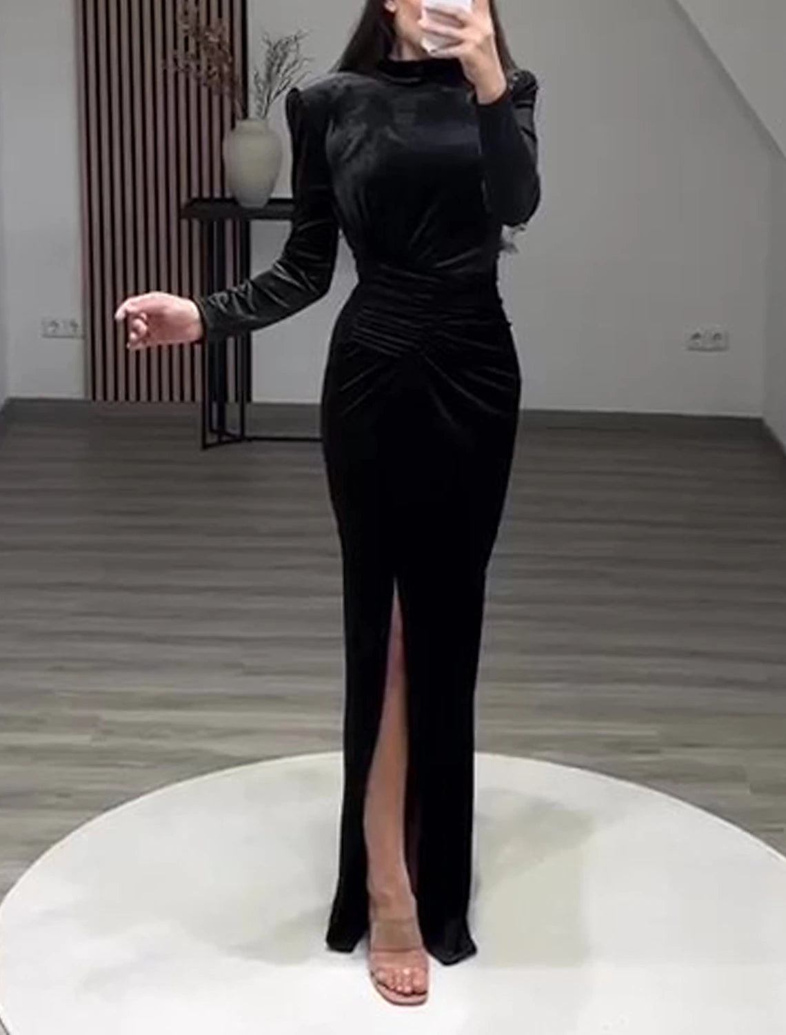 Sheath / Column Evening Gown Elegant Dress Formal Cocktail Party Floor Length Long Sleeve High Neck Velvet