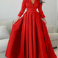 Satin A-Line Evening Gown Green Elegant Dress Formal Champagne Red Green Dress Floor Length 3/4 Length Sleeve V Neck