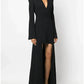 A-Line Evening Gown Elegant Dress Formal Asymmetrical Black Dress Long Sleeve V Neck Stretch Fabric