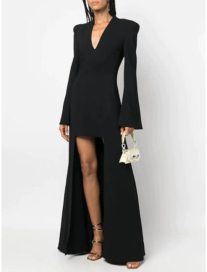 A-Line Evening Gown Elegant Dress Formal Asymmetrical Black Dress Long Sleeve V Neck Stretch Fabric