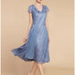 A-Line Mother of the Bride Dress Wedding Guest Elegant Petite V Neck Knee Length Chiffon Lace Short Sleeve with Ruching