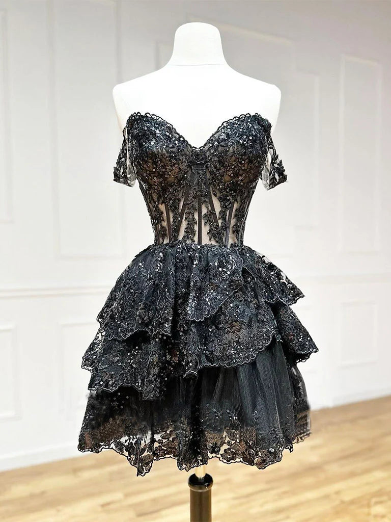 A-Line Tulle Sequin Short Prom Dress Sexy