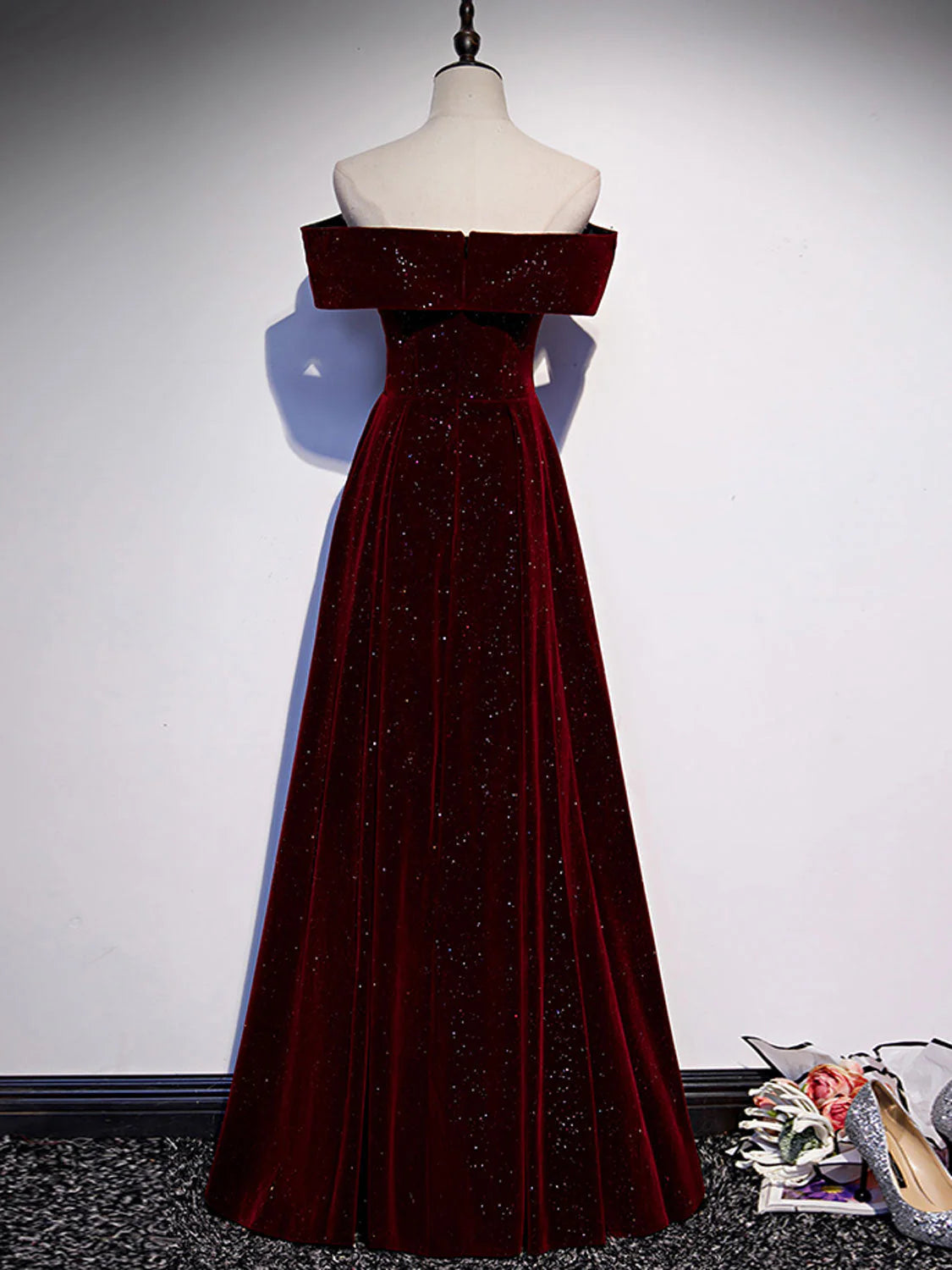 A-Line Off Shoulder V Neck Velvet Long Prom Dress Sparkly 