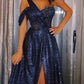 A-Line Evening Gown Elegant Dress Formal Floor Length Sleeveless One Shoulder Sequined with Glitter Slit