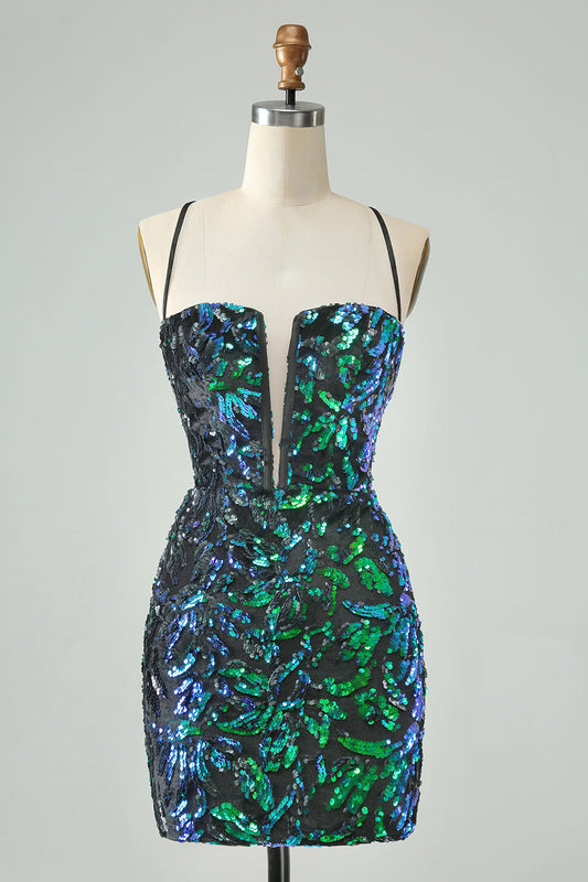 Pretty Green Black Bodycon Sparkly Sequin Short Homecoming Dress Sexy