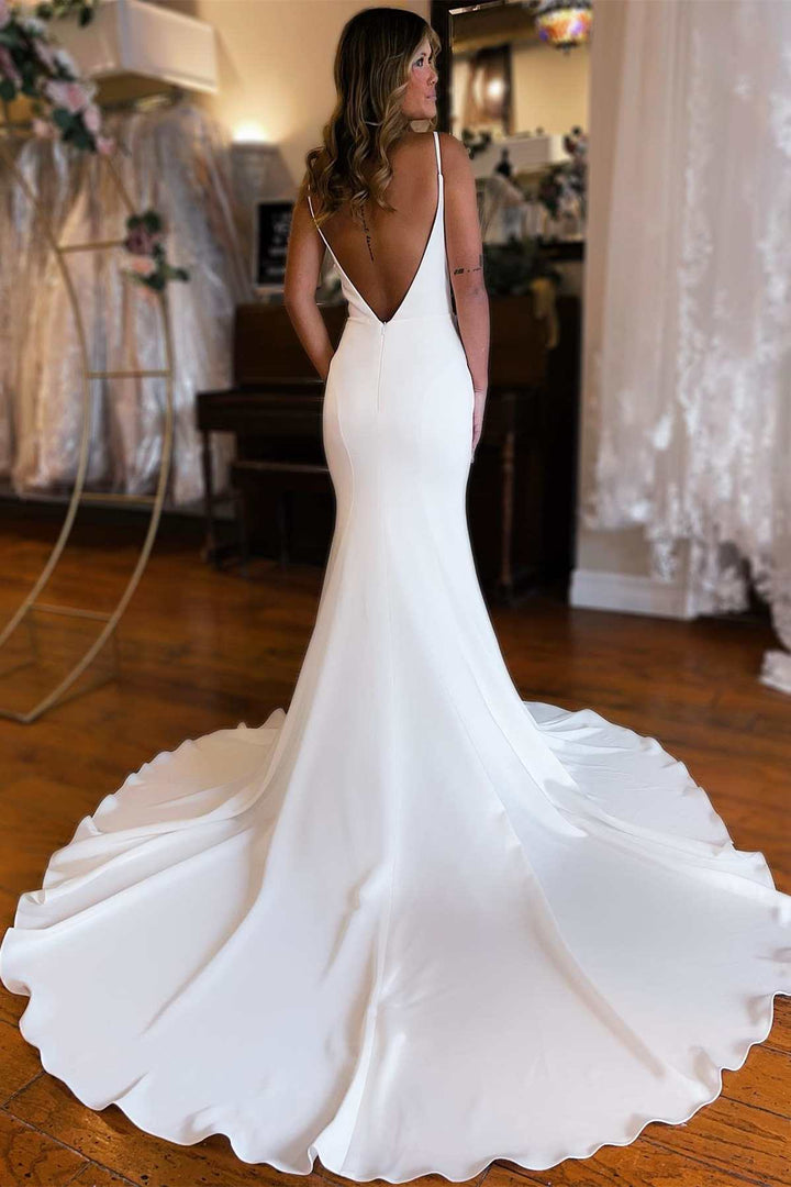 White Plunge V Backless Mermaid Long Wedding Dress Sexy