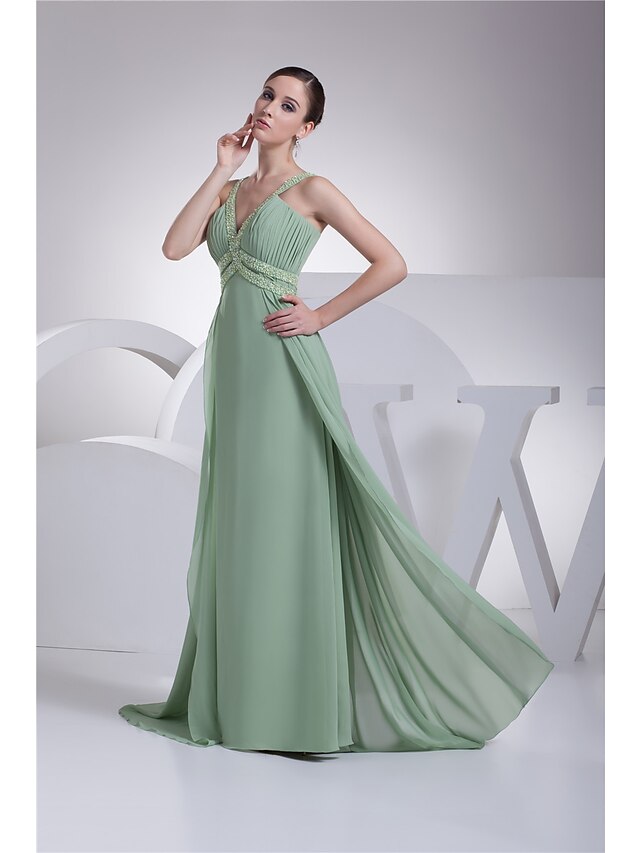 A-Line Evening Gown Sparkle Dress Formal Evening Floor Length Sleeveless Spaghetti Strap Chiffon