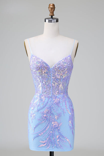Sparkly Bodycon Spaghetti Straps Corset Short Homecoming Dress with Sequins Beautiful