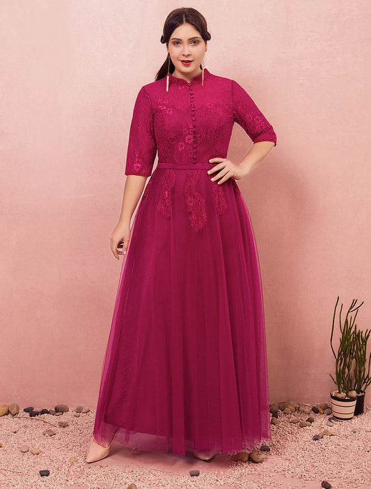 A-Line Chinese Style Plus Size Engagement Formal Evening Dress High Neck Half Sleeve Floor Length Lace