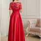 A-Line Evening Gown Elegant Dress Wedding Guest Floor Length Short Sleeve Jewel Neck Polyester with Pleats Beading