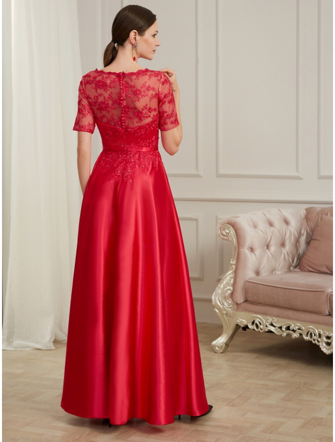 A-Line Evening Gown Elegant Dress Wedding Guest Floor Length Short Sleeve Jewel Neck Polyester with Pleats Beading