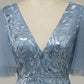 Blue A Line V Neck Tulle Embroidered Leaves Prom Dress Sexy Evening Dresses