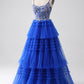 Royal Blue Spaghetti Straps Tiered Prom Dress with Sequins Beautiful