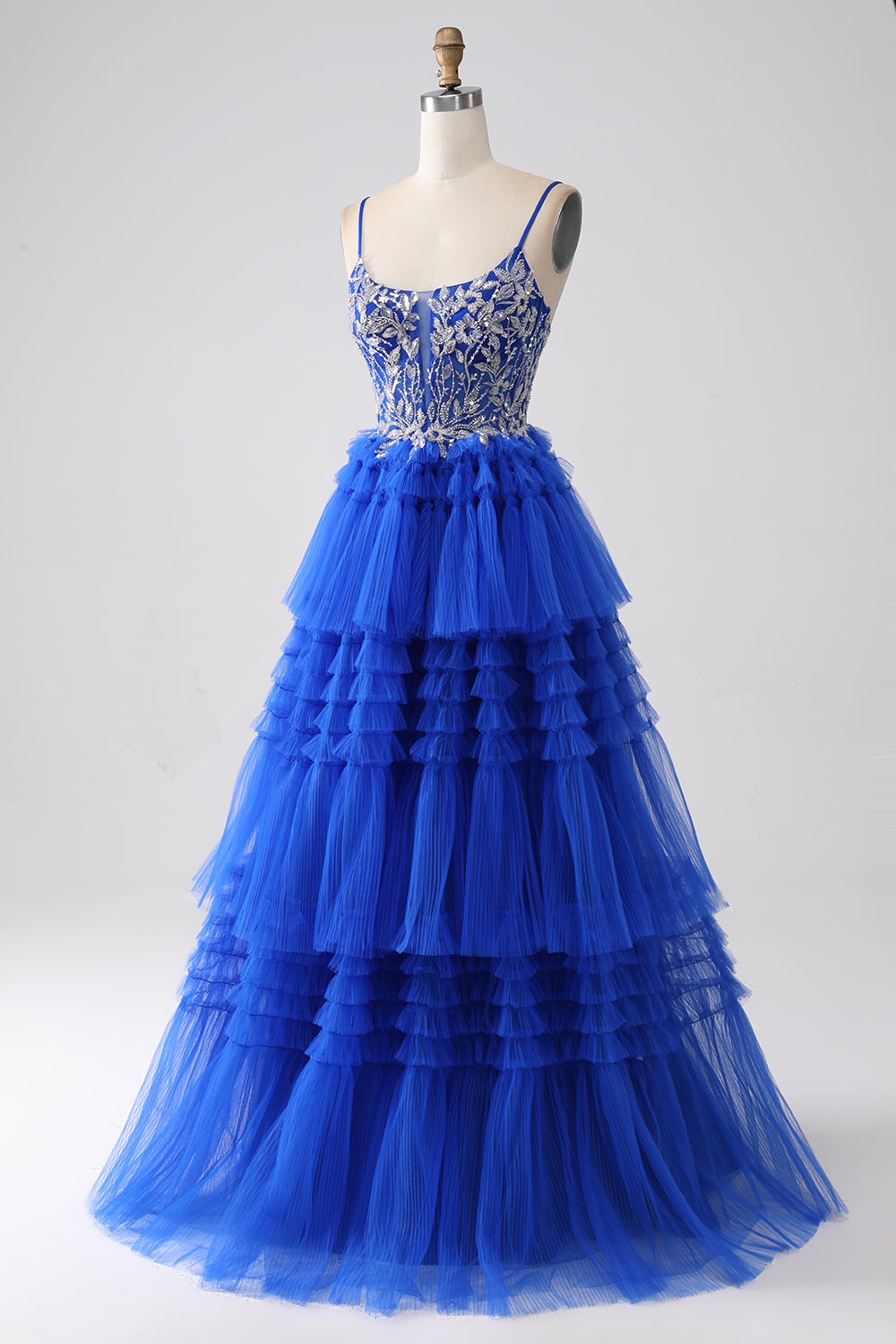 Royal Blue Spaghetti Straps Tiered Prom Dress with Sequins Beautiful