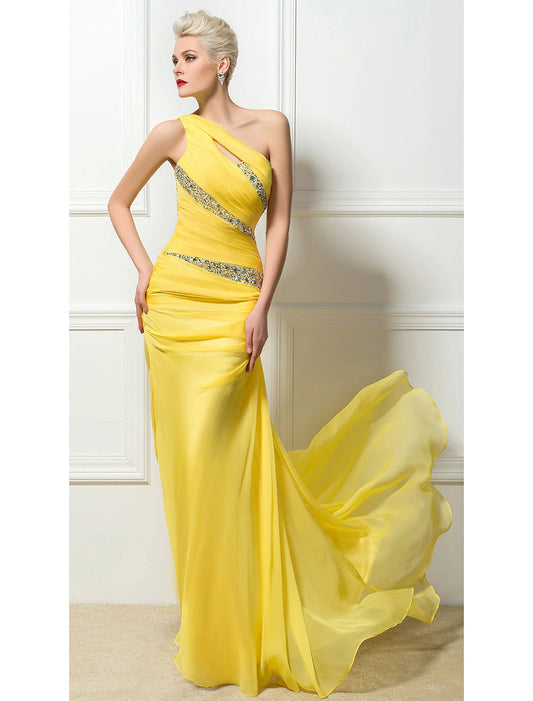 Sheath / Column Sexy Engagement Formal Evening Dress One Shoulder Backless Sleeveless Sweep / Brush Train 30D Chiffon with Ruched Crystals