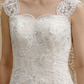 Wedding Dresses Square Neck Court Train Lace Over Tulle Regular Straps Wedding Dress in Color Floral Lace See-Through with Buttons Sequin