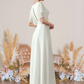 A-Line Wedding Dresses V Neck Floor Length Chiffon Lace Short Sleeve Simple with Pleats