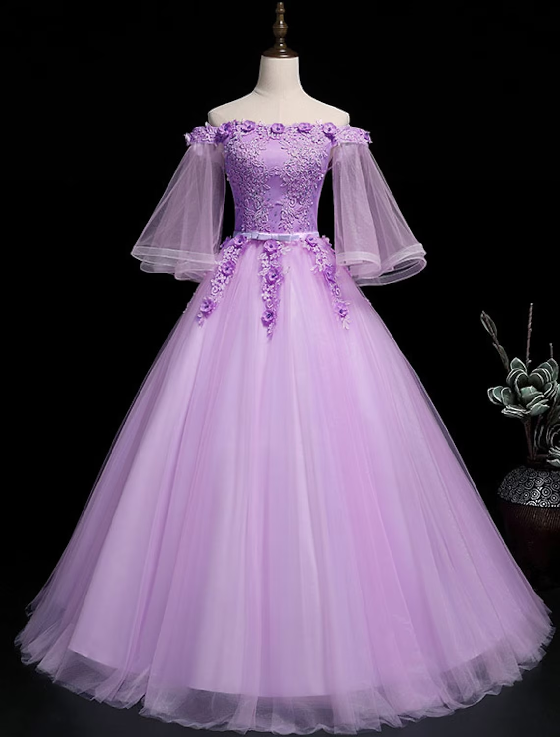 Ball Gown Luxurious Floral Quinceanera Prom Birthday Dress Off Shoulder 3/4 Length Sleeve Floor Length Tulle with Sash / Ribbon