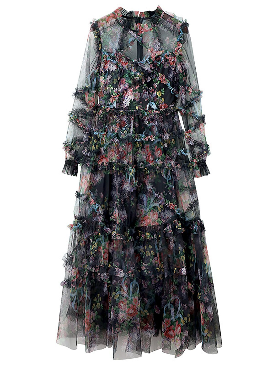 A-Line Prom Dresses Floral Dress Wedding Guest Ankle Length Long Sleeve Jewel Neck Polyester with Ruffles Pattern